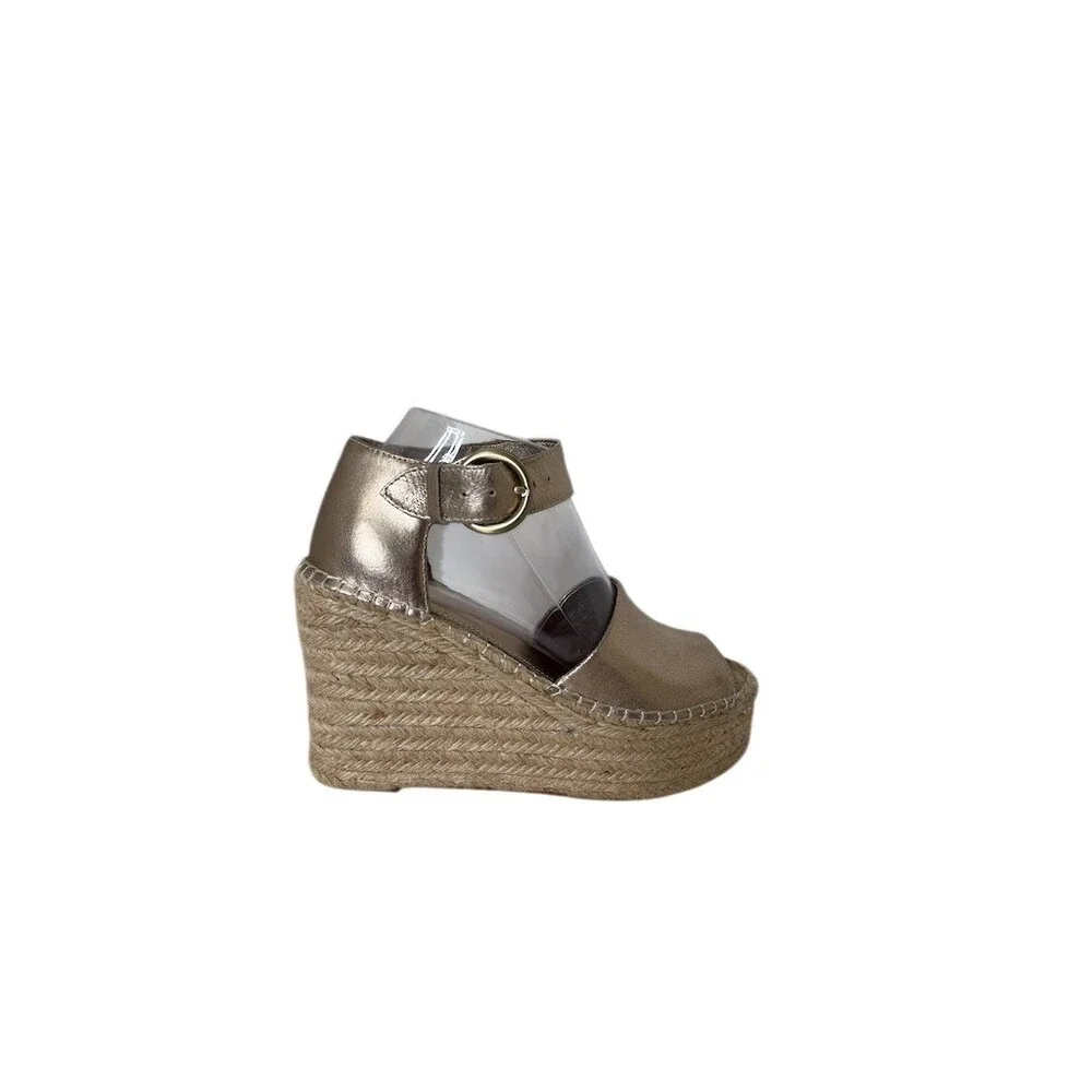 Metallic Gold Espadrille Wedge Sandals Peep Toe Ankle Strap Mlalida Marc Fisher